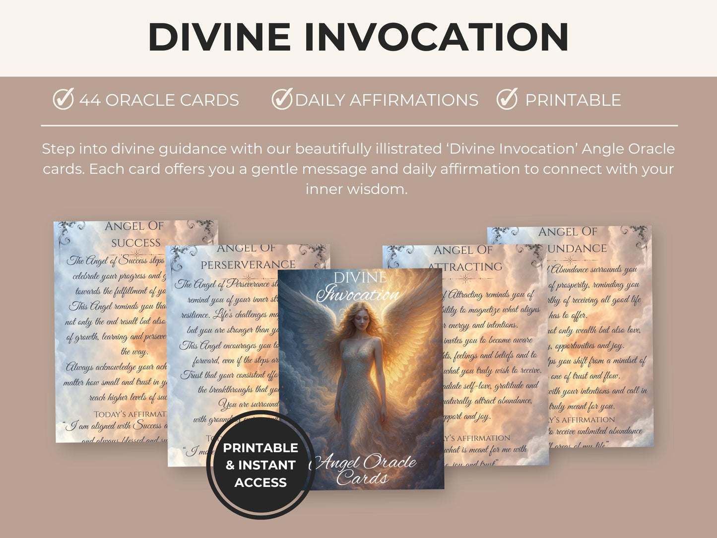 Printable Angel Oracle Cards, 44 card digital download, Divine guidance cards, affirmations.