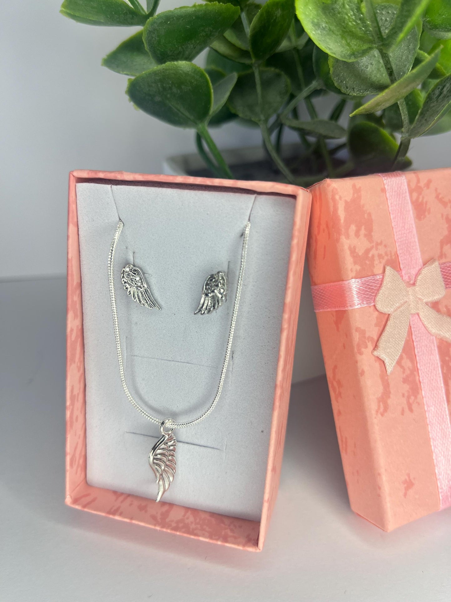 Angel Wing Necklace & Stud Earrings Set - Silver Spiritual Jewellery